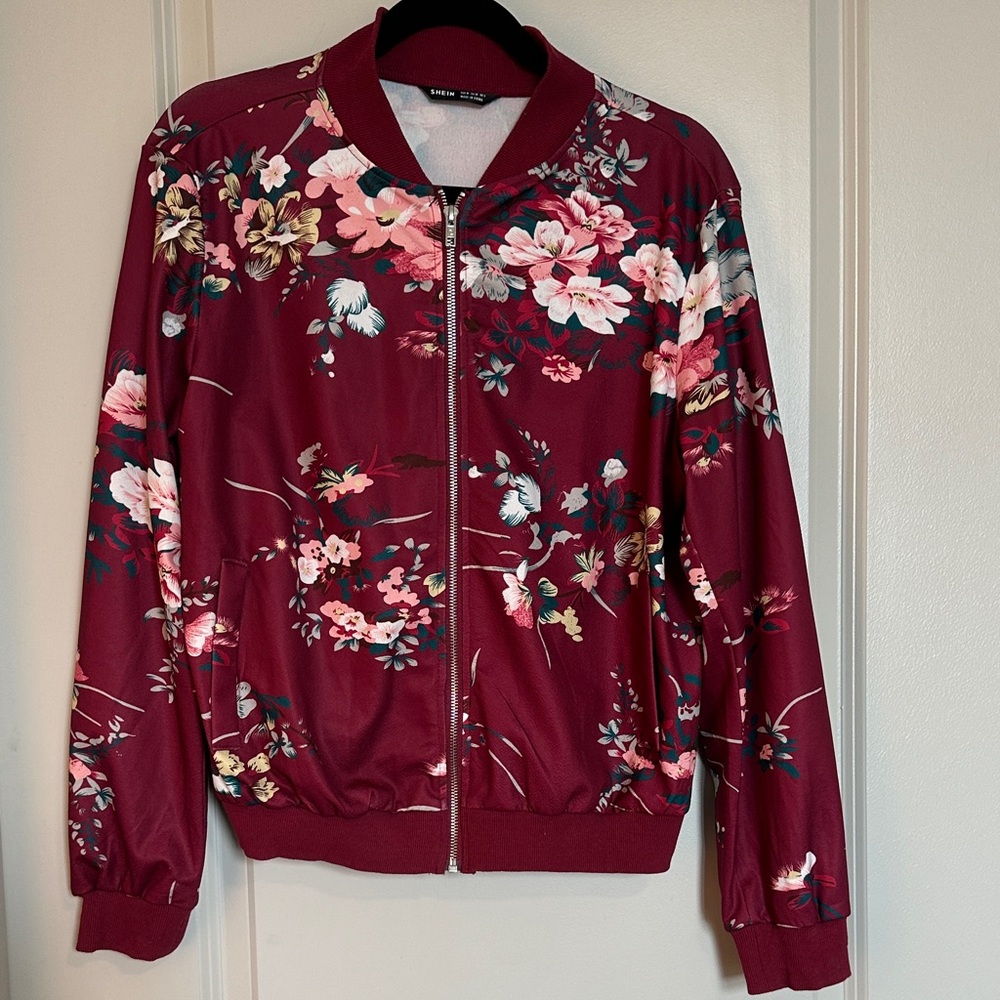 SHEIN Burgundy Floral Bomber Jacket